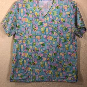 SB Nurse Scrubs Top Blouse Blue Pink M Floral Pullover Short Sleeve